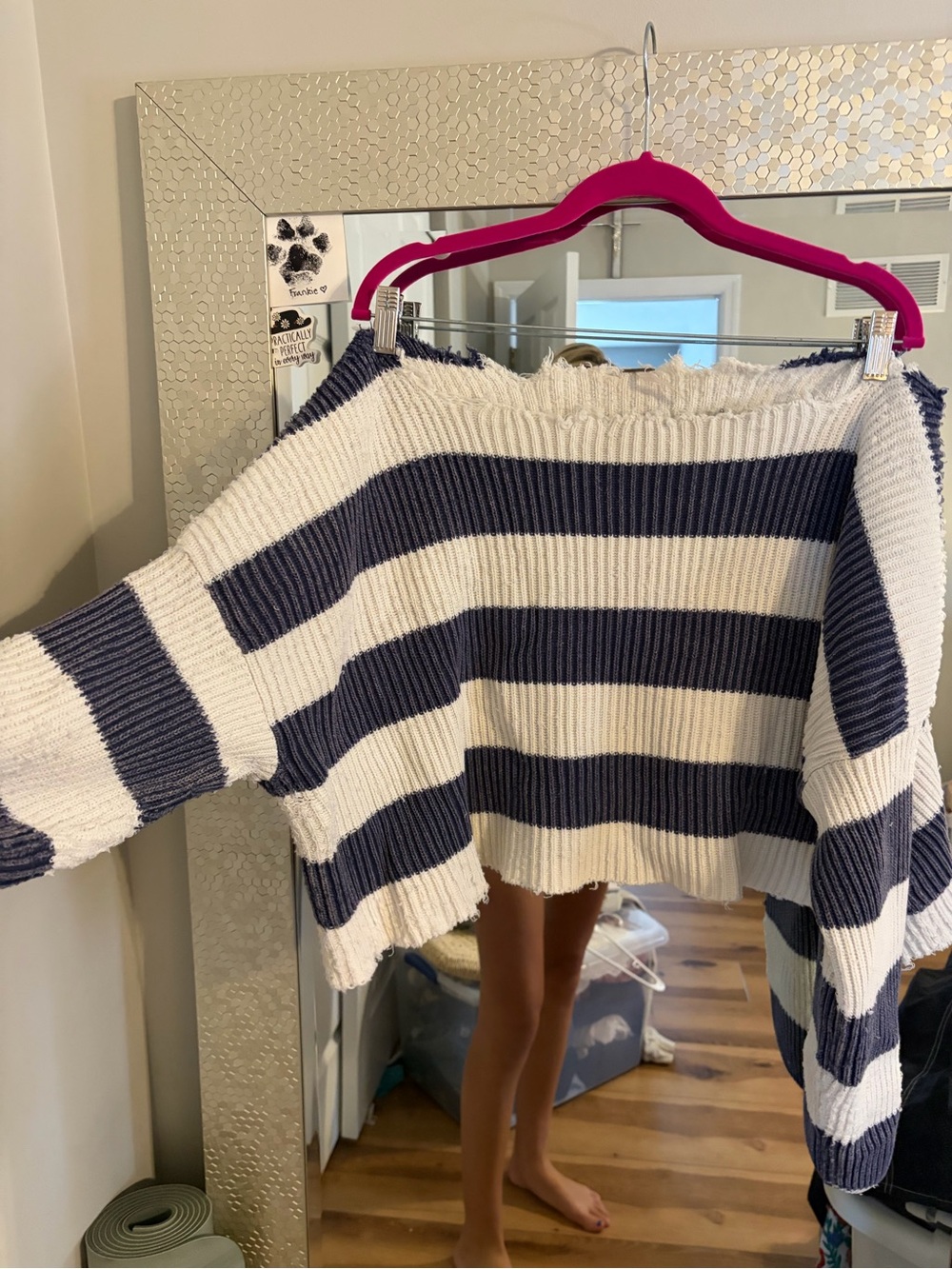 Free People Navy and White Striped Off-the-Shoulder Cropped Sweater